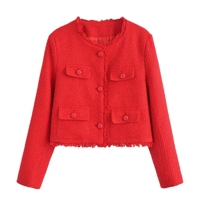Women's Tweed Jackets Long Sleeve Business Button Down Casual Cropped Blazer with Pockets