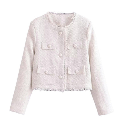 Women's Tweed Jackets Long Sleeve Business Button Down Casual Cropped Blazer with Pockets