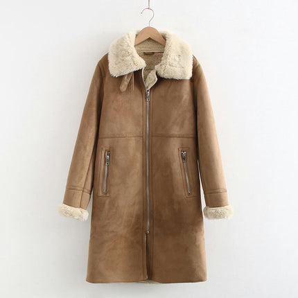 Women Faux Suede Jacket Lapel Zip Up Fleece Lined Sherpa Coats Casual Long Outwear