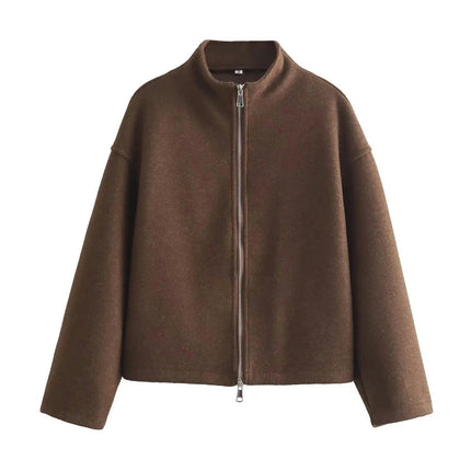Womens Cropped Blend Coat Fall Winter Casual Stand Collar Zip Up Jacket Outerwear
