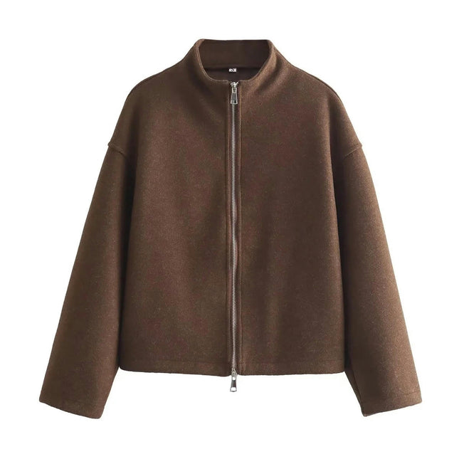 Womens Cropped Blend Coat Fall Winter Casual Stand Collar Zip Up Jacket Outerwear