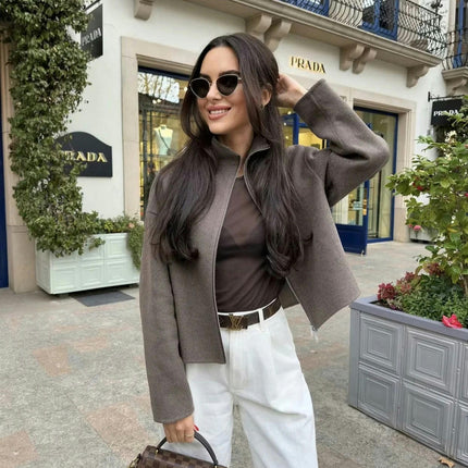 Womens Cropped Blend Coat Fall Winter Casual Stand Collar Zip Up Jacket Outerwear