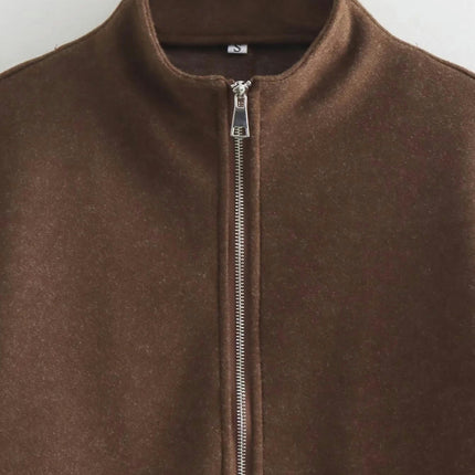 Womens Cropped Blend Coat Fall Winter Casual Stand Collar Zip Up Jacket Outerwear