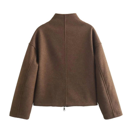 Womens Cropped Blend Coat Fall Winter Casual Stand Collar Zip Up Jacket Outerwear