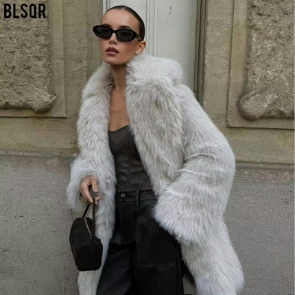 Faux Fur Jackets for Women Winter Warm Shaggy Coats Long Sleeve Lapel Collar Outwear