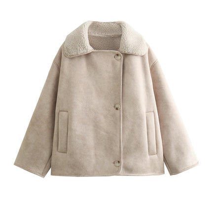 Womens Faux Suede Sherpa Lined Jacket Winter Warm Button Down Fuzzy Shearling Coats