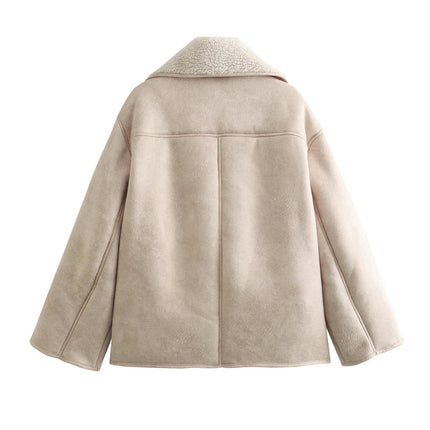 Womens Faux Suede Sherpa Lined Jacket Winter Warm Button Down Fuzzy Shearling Coats