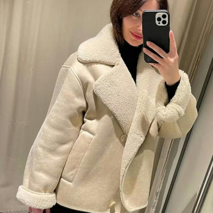 Womens Faux Suede Sherpa Lined Jacket Winter Warm Button Down Fuzzy Shearling Coats