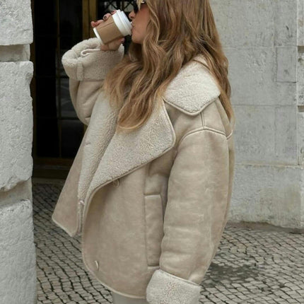 Womens Faux Suede Sherpa Lined Jacket Winter Warm Button Down Fuzzy Shearling Coats