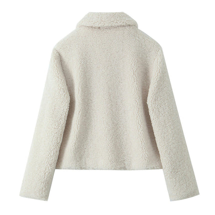 Women's Cropped Coats Long Sleeve Lapel Button Down Pockets Fleece Sherpa Jacket Outerwear