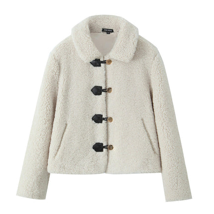 Women's Cropped Coats Long Sleeve Lapel Button Down Pockets Fleece Sherpa Jacket Outerwear