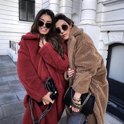 Women Winter Long Coats Lapel Long Sleeve Fuzzy Fleece Outerwear Button Down Sherpa Jackets