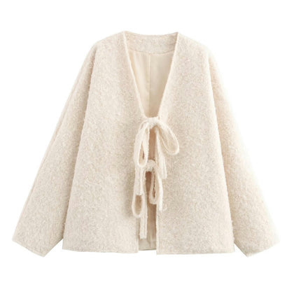 Women's Tie Front Bow Wool Blend Jacket Winter Long Sleeve V Neck Coats Outwear