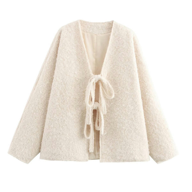 Women's Tie Front Bow Wool Blend Jacket Winter Long Sleeve V Neck Coats Outwear