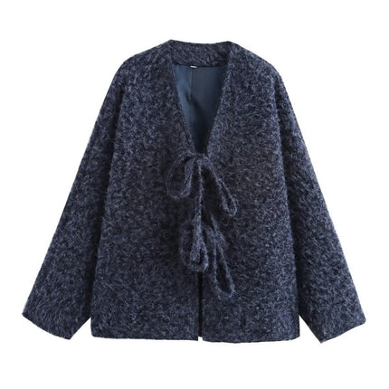 Women's Tie Front Bow Wool Blend Jacket Winter Long Sleeve V Neck Coats Outwear