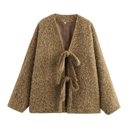 Women's Tie Front Bow Wool Blend Jacket Winter Long Sleeve V Neck Coats Outwear