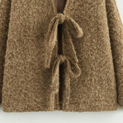 Women's Tie Front Bow Wool Blend Jacket Winter Long Sleeve V Neck Coats Outwear