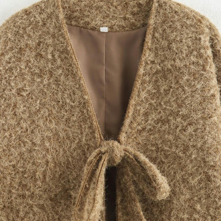 Women's Tie Front Bow Wool Blend Jacket Winter Long Sleeve V Neck Coats Outwear