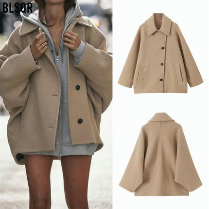 Women's Loose Coat Lapel Single Breasted Long Sleeve Jackets Overcoat