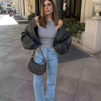 Womens Cropped Faux Leather Bomber Jackets Baseball Collar Zip Up Biker Coat with Pockets