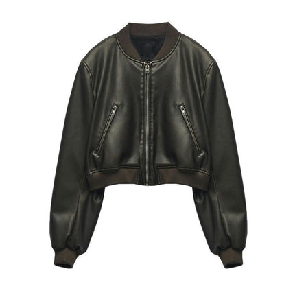 Womens Cropped Faux Leather Bomber Jackets Baseball Collar Zip Up Biker Coat with Pockets