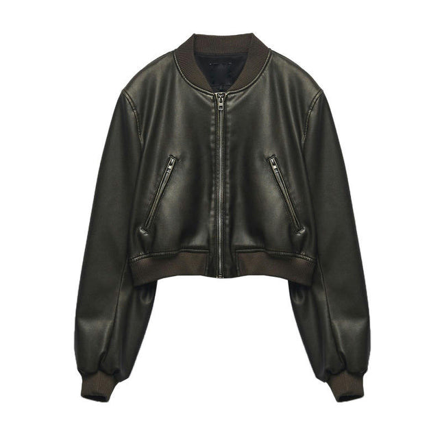 Womens Cropped Faux Leather Bomber Jackets Baseball Collar Zip Up Biker Coat with Pockets