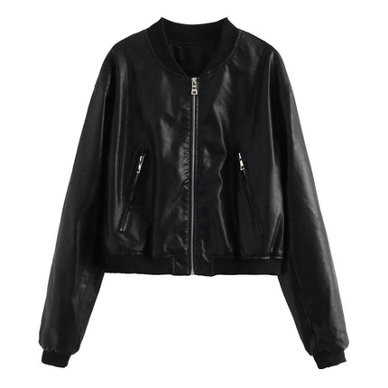 Womens Cropped Faux Leather Bomber Jackets Baseball Collar Zip Up Biker Coat with Pockets