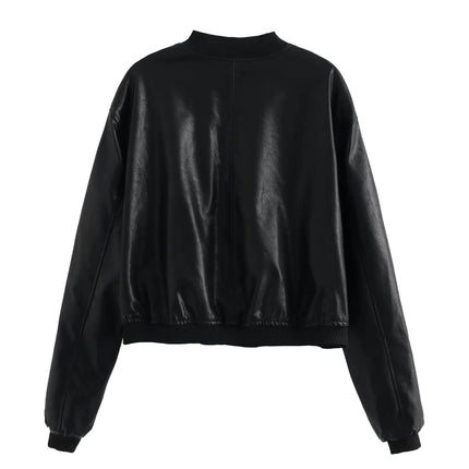 Womens Cropped Faux Leather Bomber Jackets Baseball Collar Zip Up Biker Coat with Pockets
