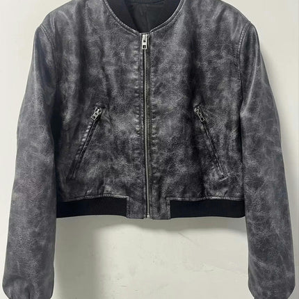 Womens Cropped Faux Leather Bomber Jackets Baseball Collar Zip Up Biker Coat with Pockets