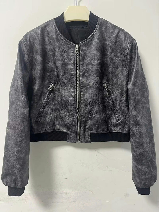 Womens Cropped Faux Leather Bomber Jackets Baseball Collar Zip Up Biker Coat with Pockets