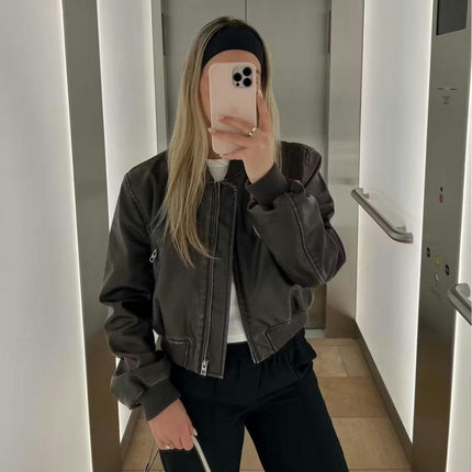 Womens Cropped Faux Leather Bomber Jackets Baseball Collar Zip Up Biker Coat with Pockets
