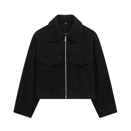 Women's Copped Wool Blend Coat Lapel Zip Up Bomber Jacket Outerwear with Pockets