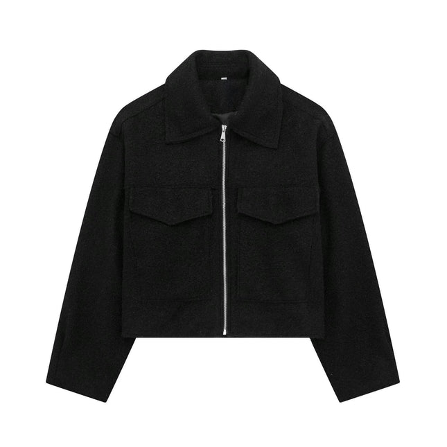 Women's Copped Wool Blend Coat Lapel Zip Up Bomber Jacket Outerwear with Pockets
