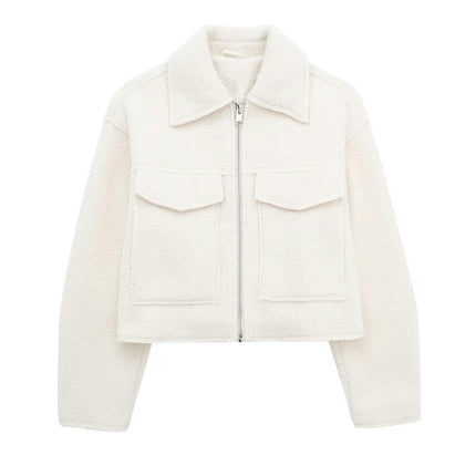 Women's Copped Wool Blend Coat Lapel Zip Up Bomber Jacket Outerwear with Pockets