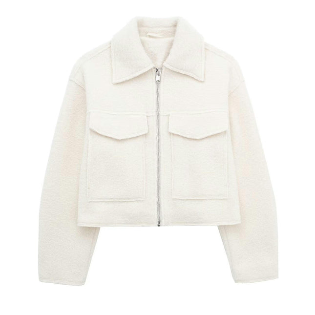 Women's Copped Wool Blend Coat Lapel Zip Up Bomber Jacket Outerwear with Pockets