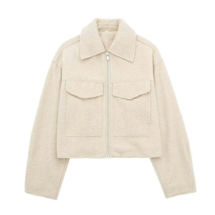 Women's Copped Wool Blend Coat Lapel Zip Up Bomber Jacket Outerwear with Pockets