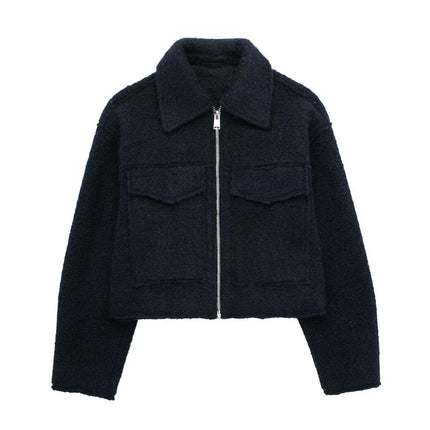 Women's Copped Wool Blend Coat Lapel Zip Up Bomber Jacket Outerwear with Pockets
