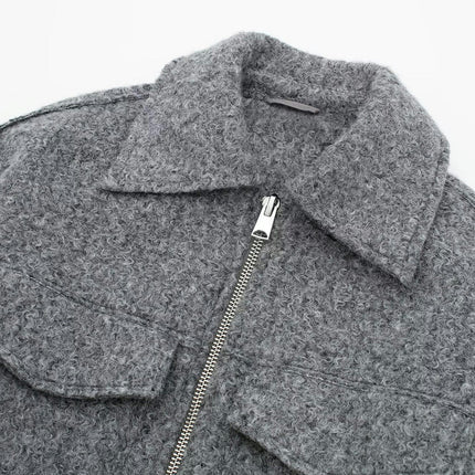 Women's Copped Wool Blend Coat Lapel Zip Up Bomber Jacket Outerwear with Pockets