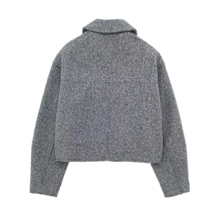Women's Copped Wool Blend Coat Lapel Zip Up Bomber Jacket Outerwear with Pockets