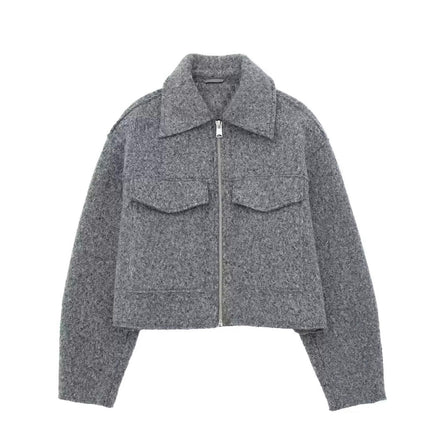 Women's Copped Wool Blend Coat Lapel Zip Up Bomber Jacket Outerwear with Pockets