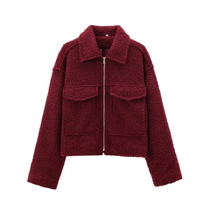 Women's Copped Wool Blend Coat Lapel Zip Up Bomber Jacket Outerwear with Pockets