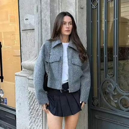 Women's Copped Wool Blend Coat Lapel Zip Up Bomber Jacket Outerwear with Pockets