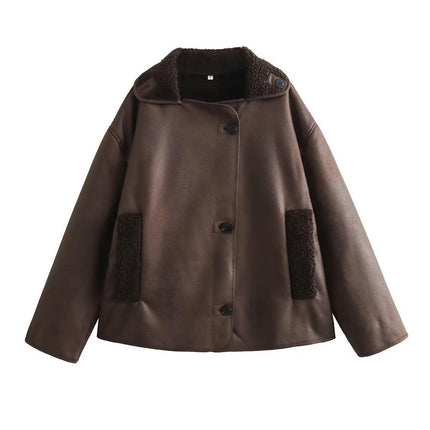 Women's Faux Leather Moto Jacket Oversized Shearling Lined Button Down Coat