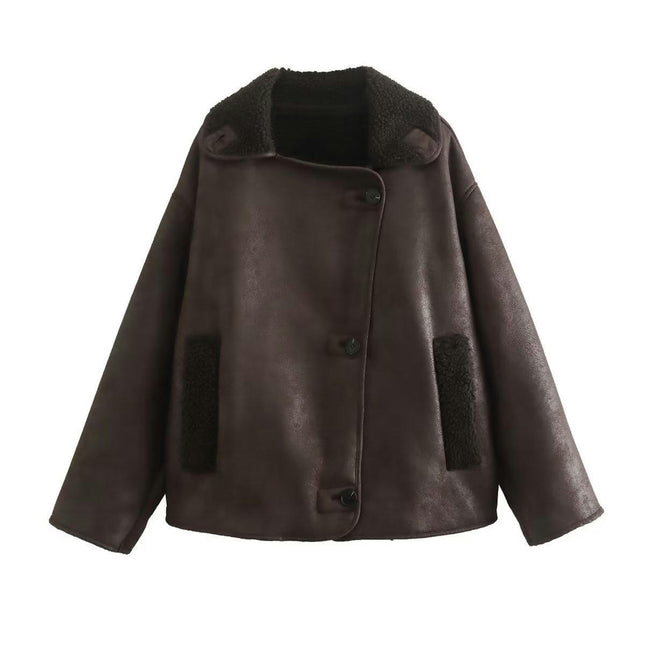 Women's Faux Leather Moto Jacket Oversized Shearling Lined Button Down Coat