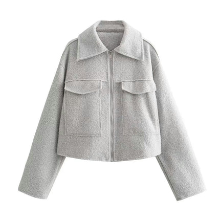Women's Wool Blend Coat Zip Up Copped Lapel Jacket Outerwear with Pockets