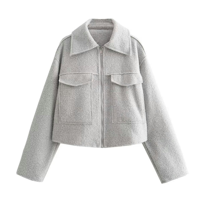 Women's Wool Blend Coat Zip Up Copped Lapel Jacket Outerwear with Pockets