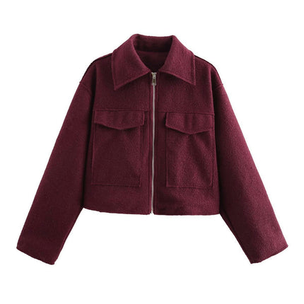 Women's Wool Blend Coat Zip Up Copped Lapel Jacket Outerwear with Pockets