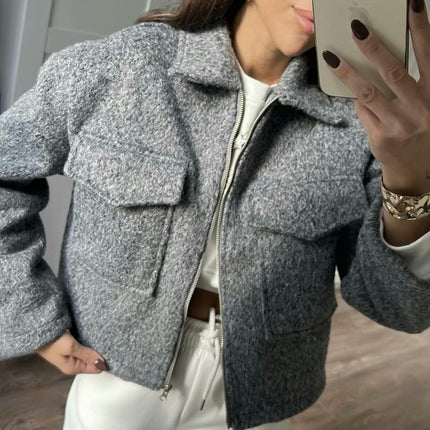 Women's Wool Blend Coat Zip Up Copped Lapel Jacket Outerwear with Pockets