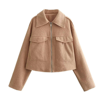 Women's Wool Blend Coat Zip Up Copped Lapel Jacket Outerwear with Pockets