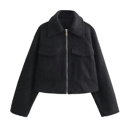 Women's Wool Blend Coat Zip Up Copped Lapel Jacket Outerwear with Pockets